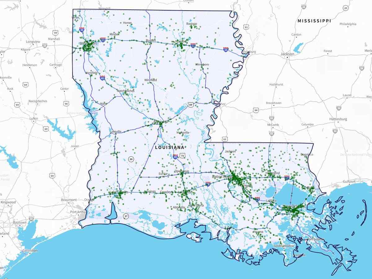 Large detailed roads and highways map of Louisiana state with all cities, Louisiana state, USA, Maps of the USA