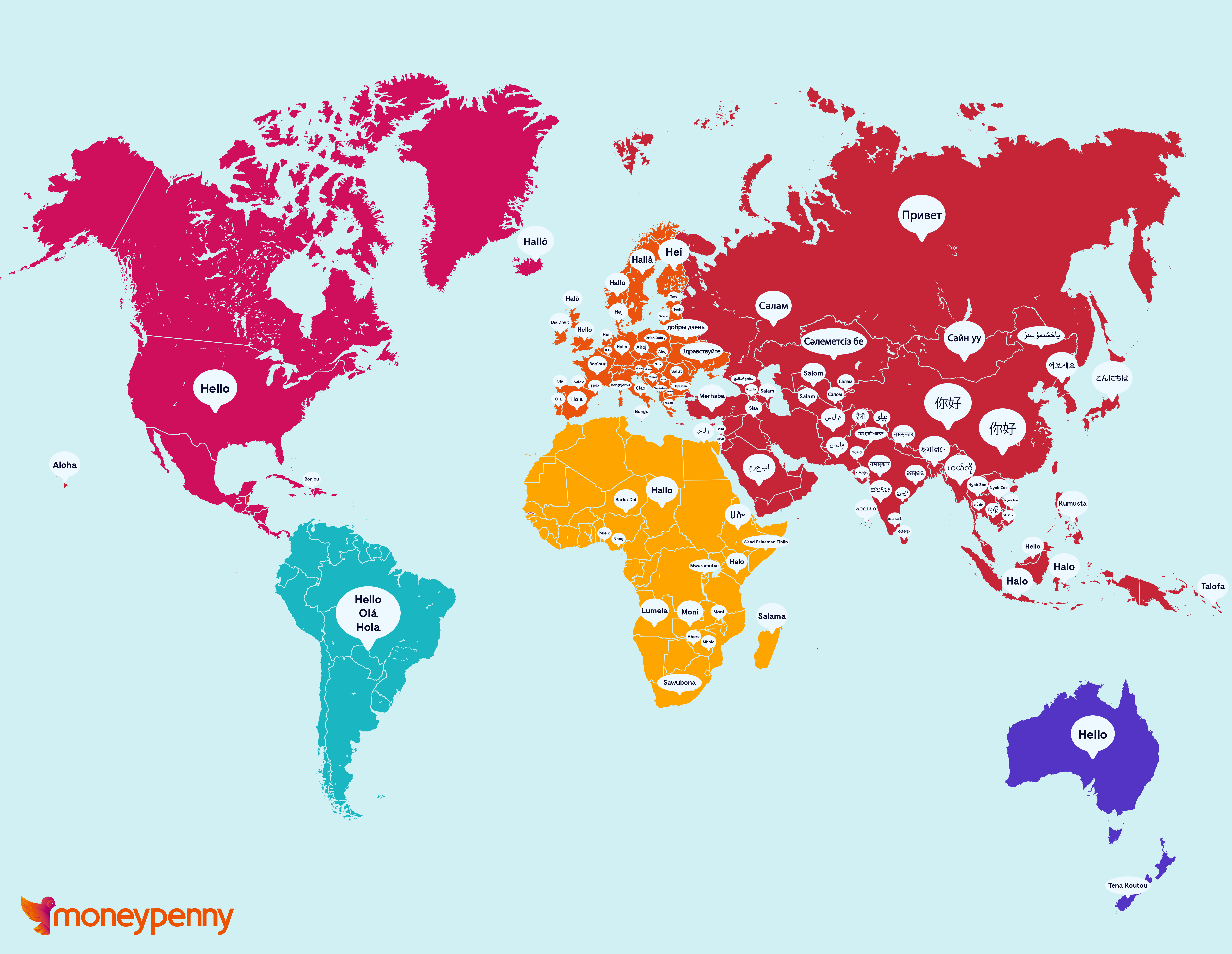 World map showing how people say hello