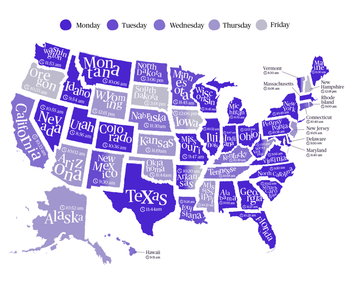 Map Showing Most Productive Days and Times of Day Per US State