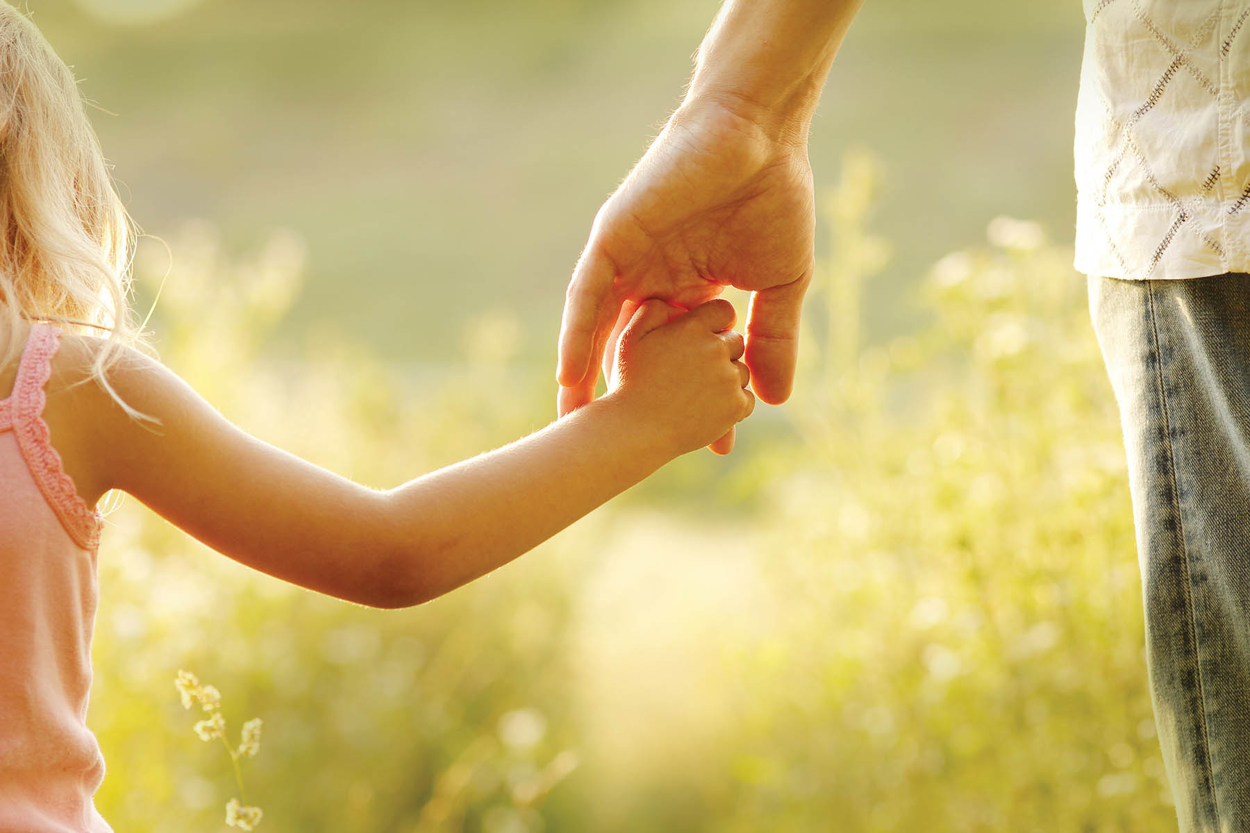 little girl holding dad's finger in a field at sunset
