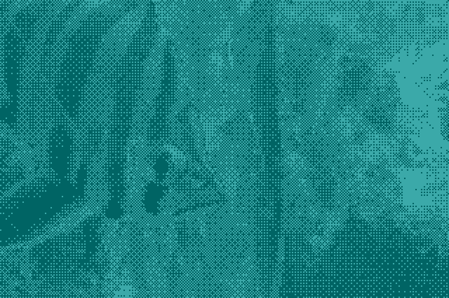Cyan halftone photograph of a tropical fish in an aquarium