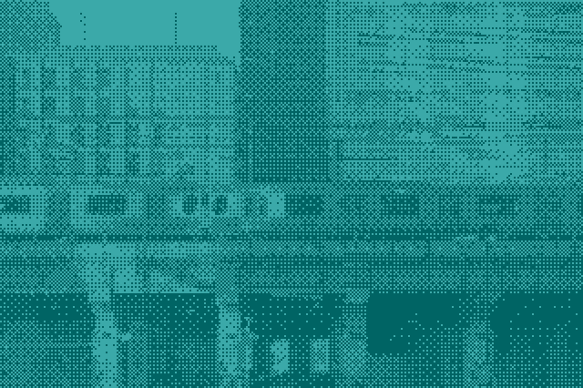 Cyan halftone photograph of a train passing in front of building facades