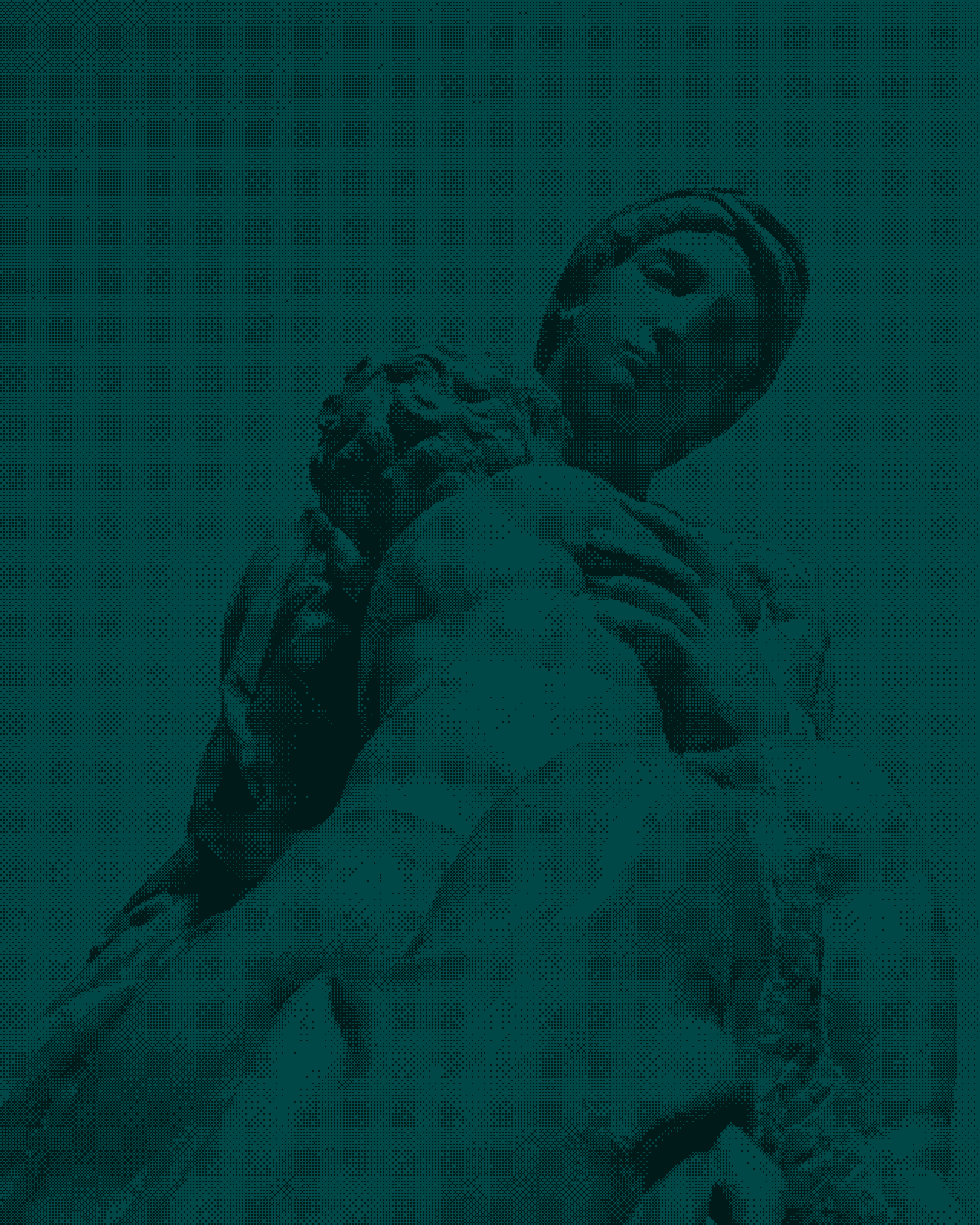 Image rendered as a dark, two-level ordered-dither bitmap on the cyan palette axis.