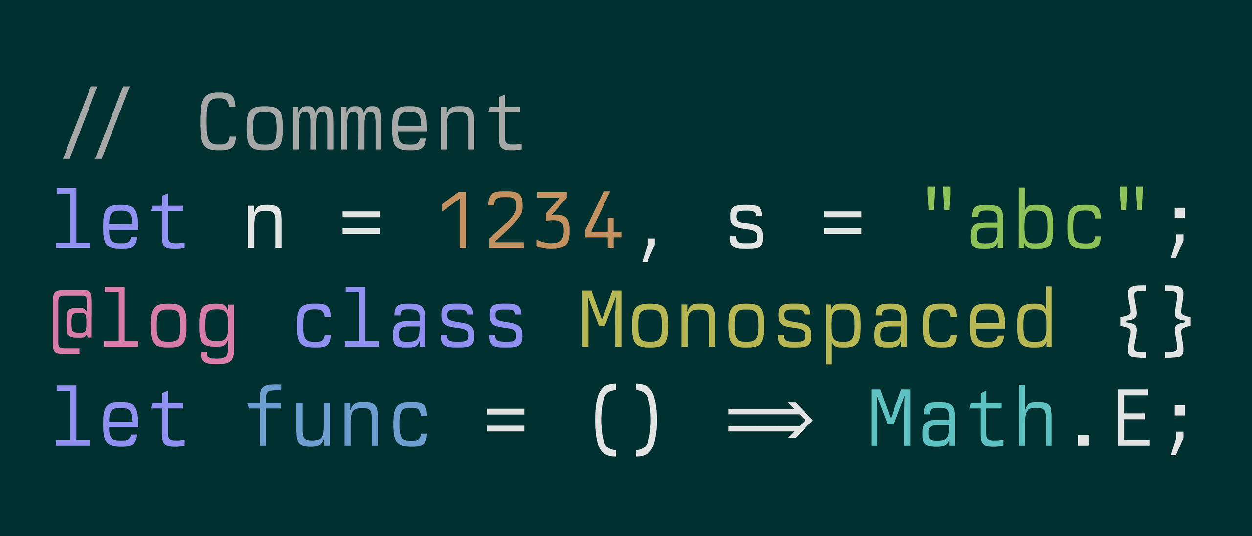A code sample on dark teal highlighted in the brand palette: gray comments, blue keywords, orange numbers, green strings, and pink and violet accents