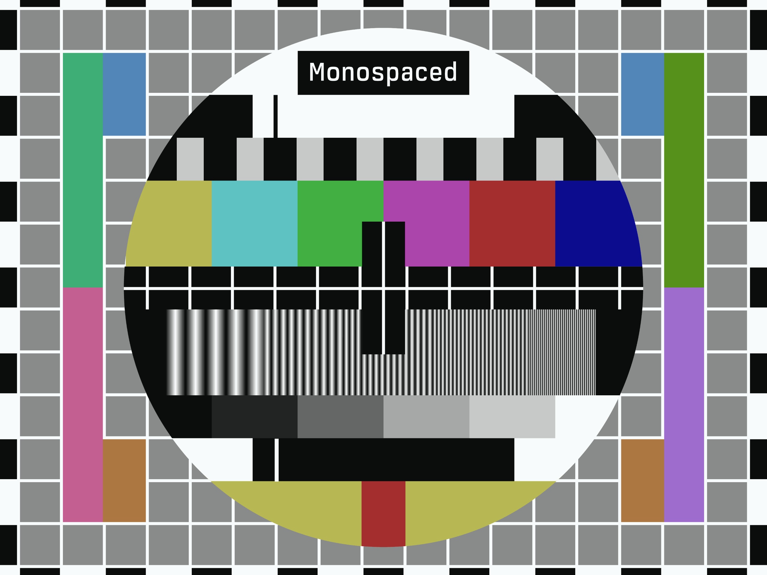 A television test card titled Monospaced: a checkerboard surround framing a circular face with color bars, frequency gratings, and grayscale steps