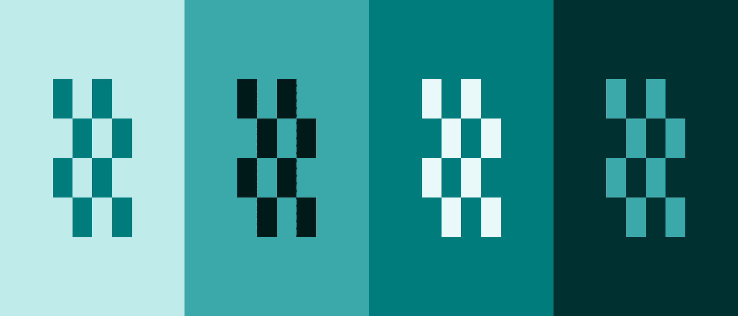 The logomark repeated across four side-by-side panels, each pairing a different tone from the cyan ramp with its background