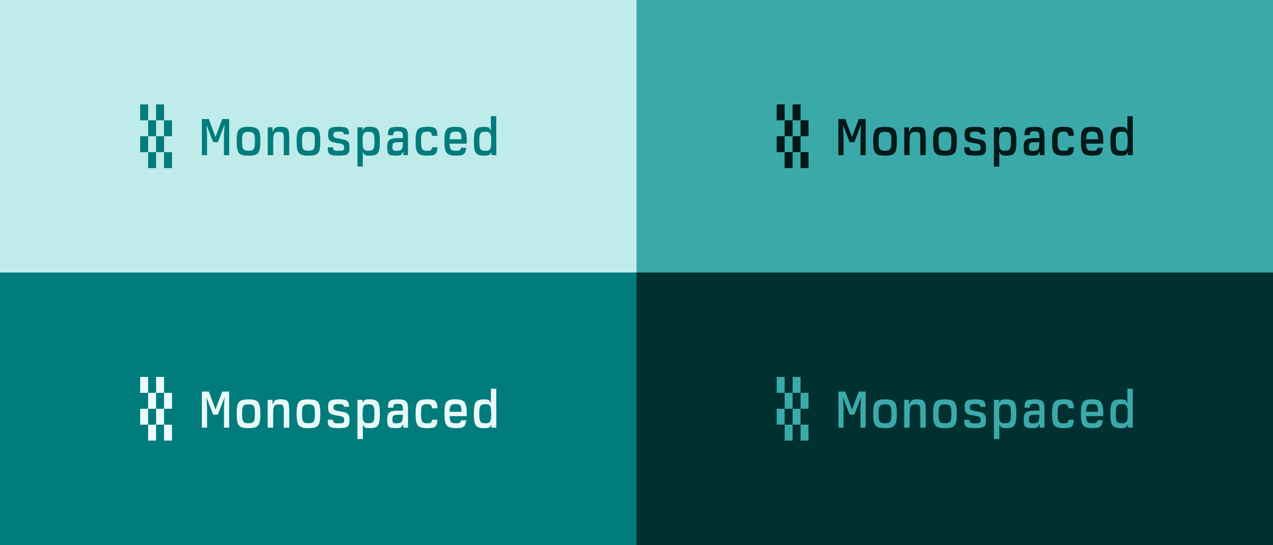 Four logo colorways in quadrants: deep teal on pale cyan, near-black on mid cyan, white on brand cyan, and light cyan on near-black