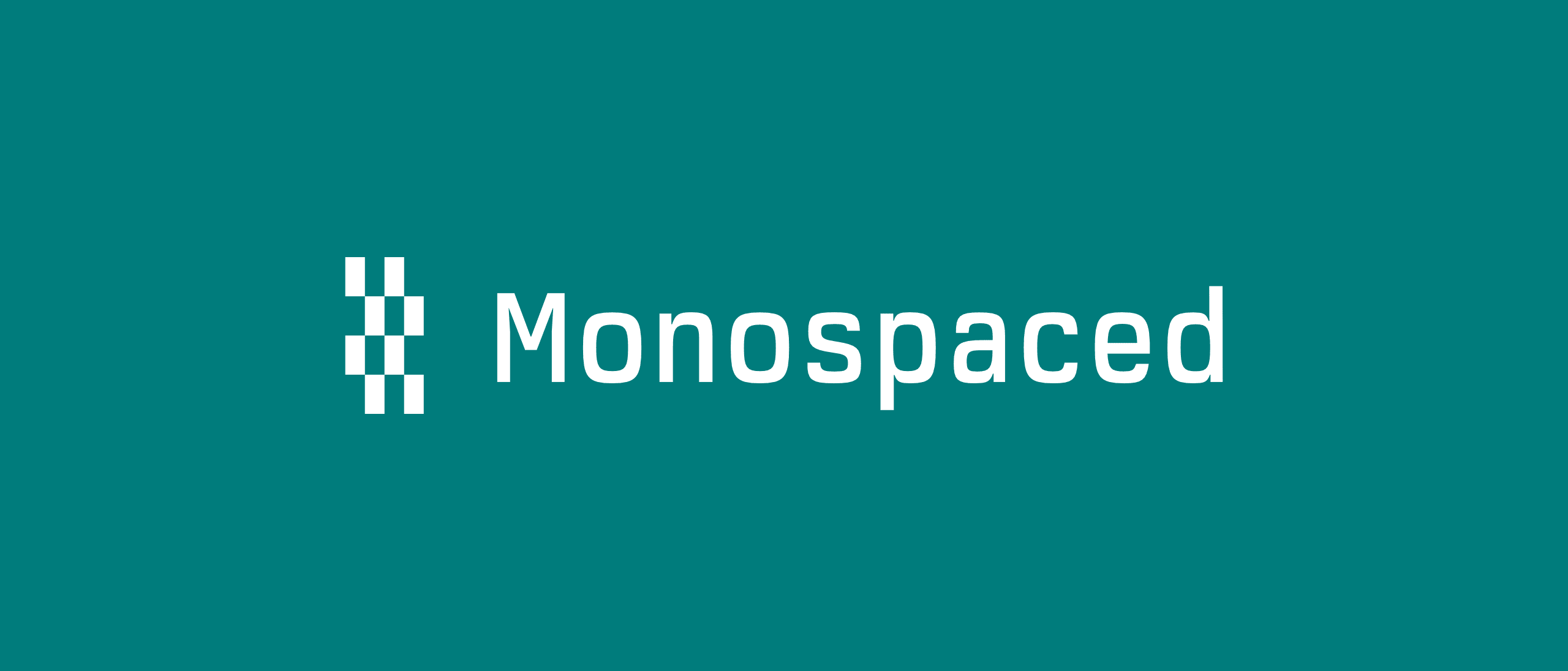 The Monospaced wordmark in white monospaced type beside the checkered pixel logomark, on a brand cyan field
