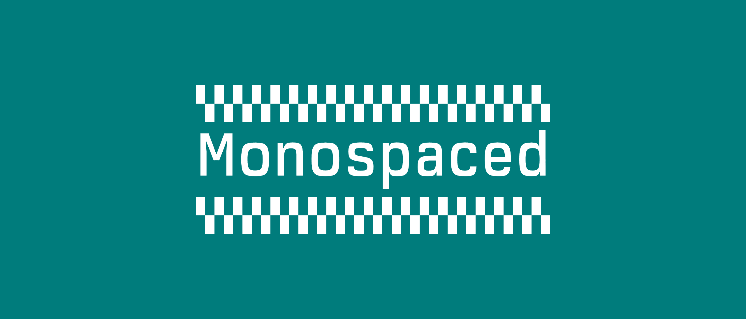 The wordmark set between two horizontal checkered strips, white on brand cyan