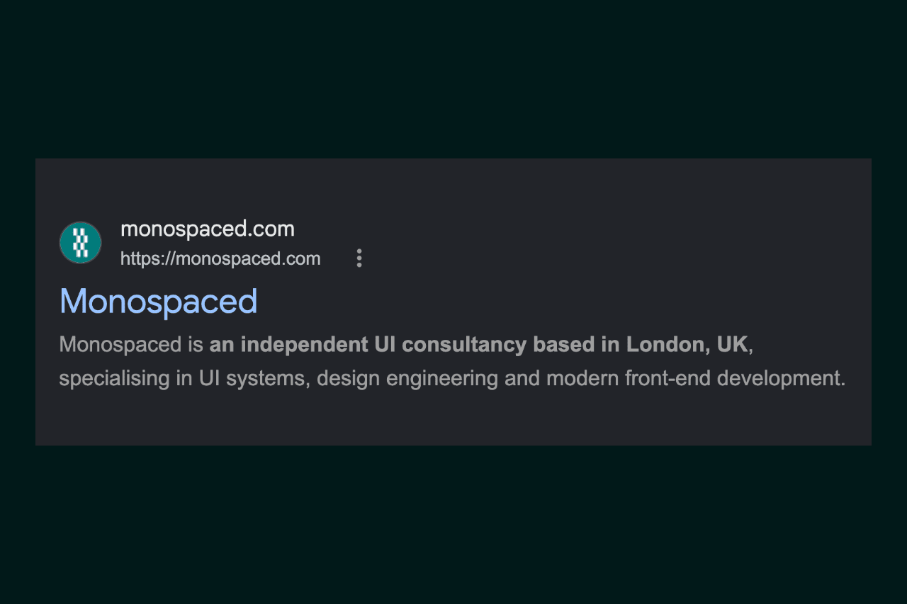 A browser's shortcuts row with six site icons; the last is the Monospaced logomark on a brand cyan tile, labelled 'monospaced'