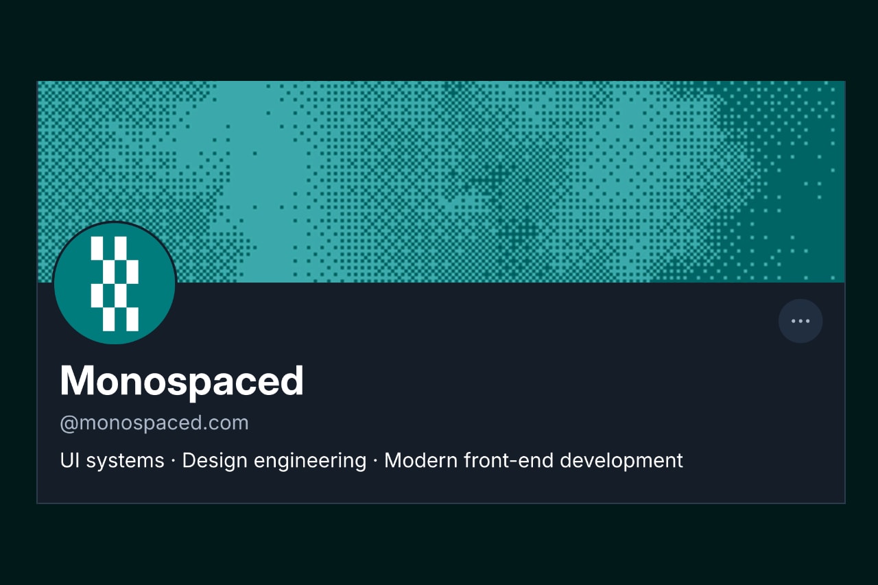 Bluesky profile header for Monospaced: a cyan halftone banner, the logomark as the circular avatar, and the handle @monospaced.com.