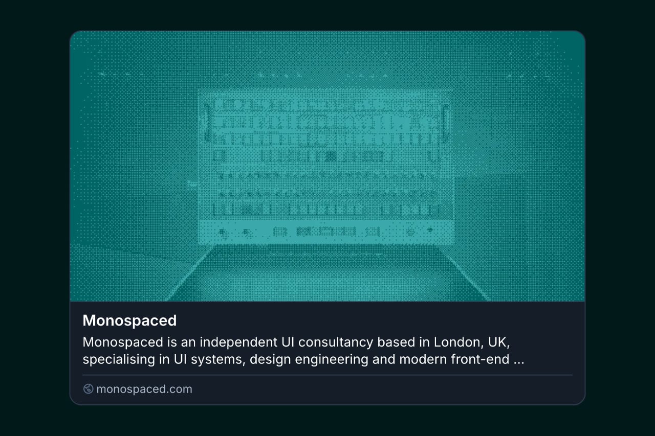 Link preview card for monospaced.com, showing the cyan halftone OG image above the site title and description.