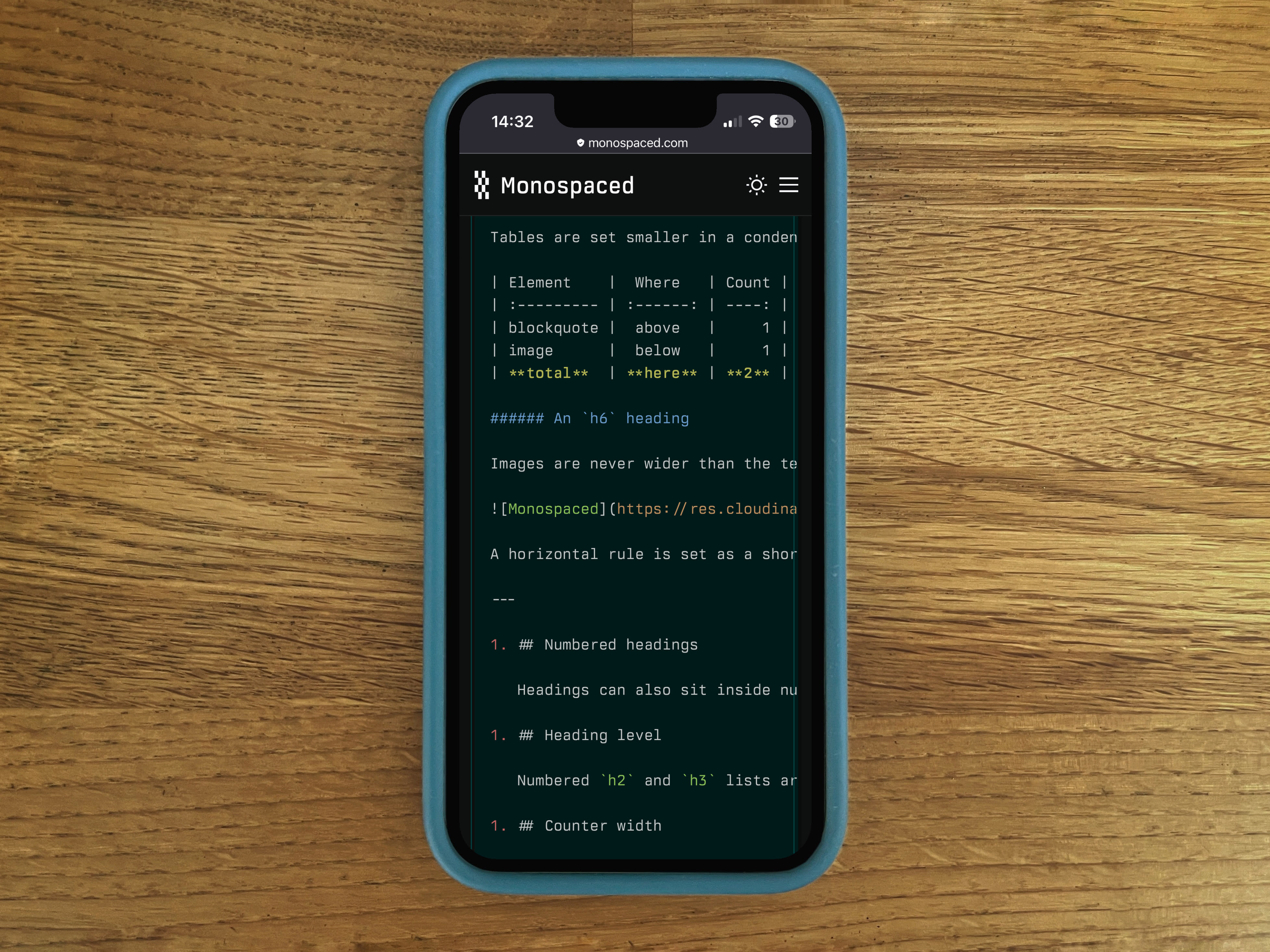 A phone showing a long-form page on monospaced.com, with headings, a table and lists set in monospaced type on near-black.