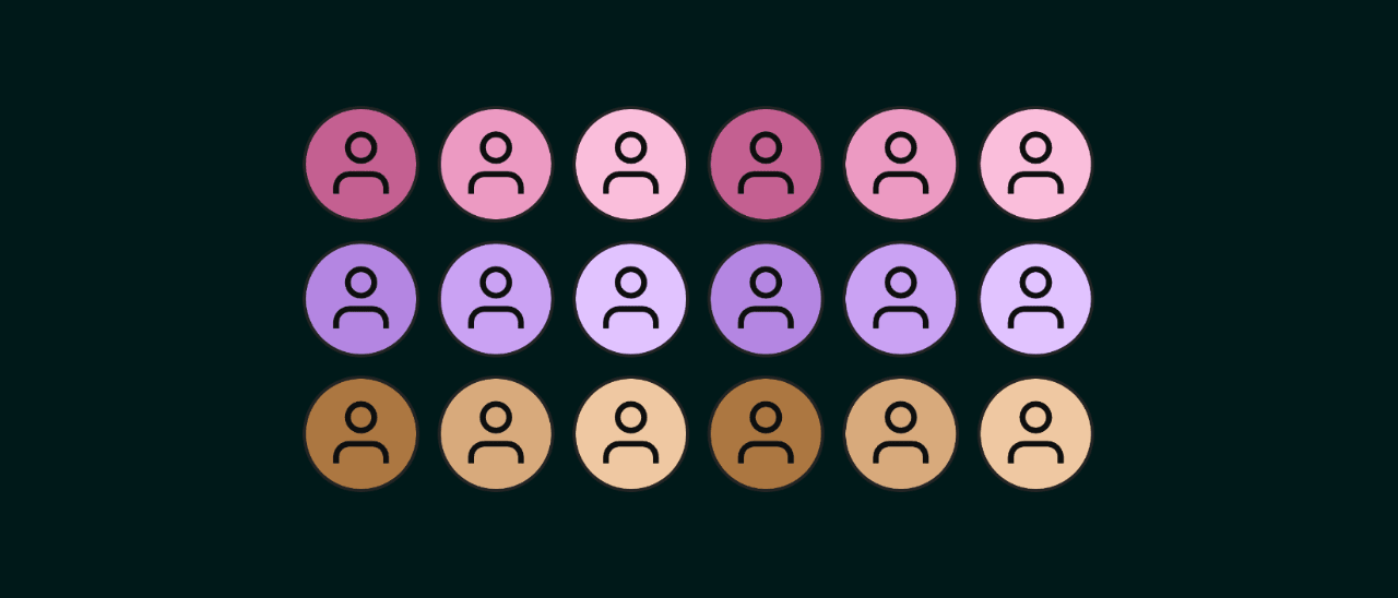 Three rows of generic avatar icons in circles, tinted through rose, violet and orange in alternating lighter and darker steps.