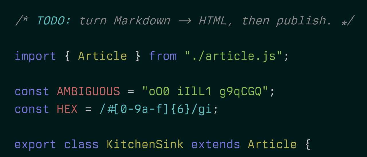 A JavaScript sample syntax-highlighted in the brand palette: blue keywords, yellow class names, green strings, red constants and a gray italic comment.