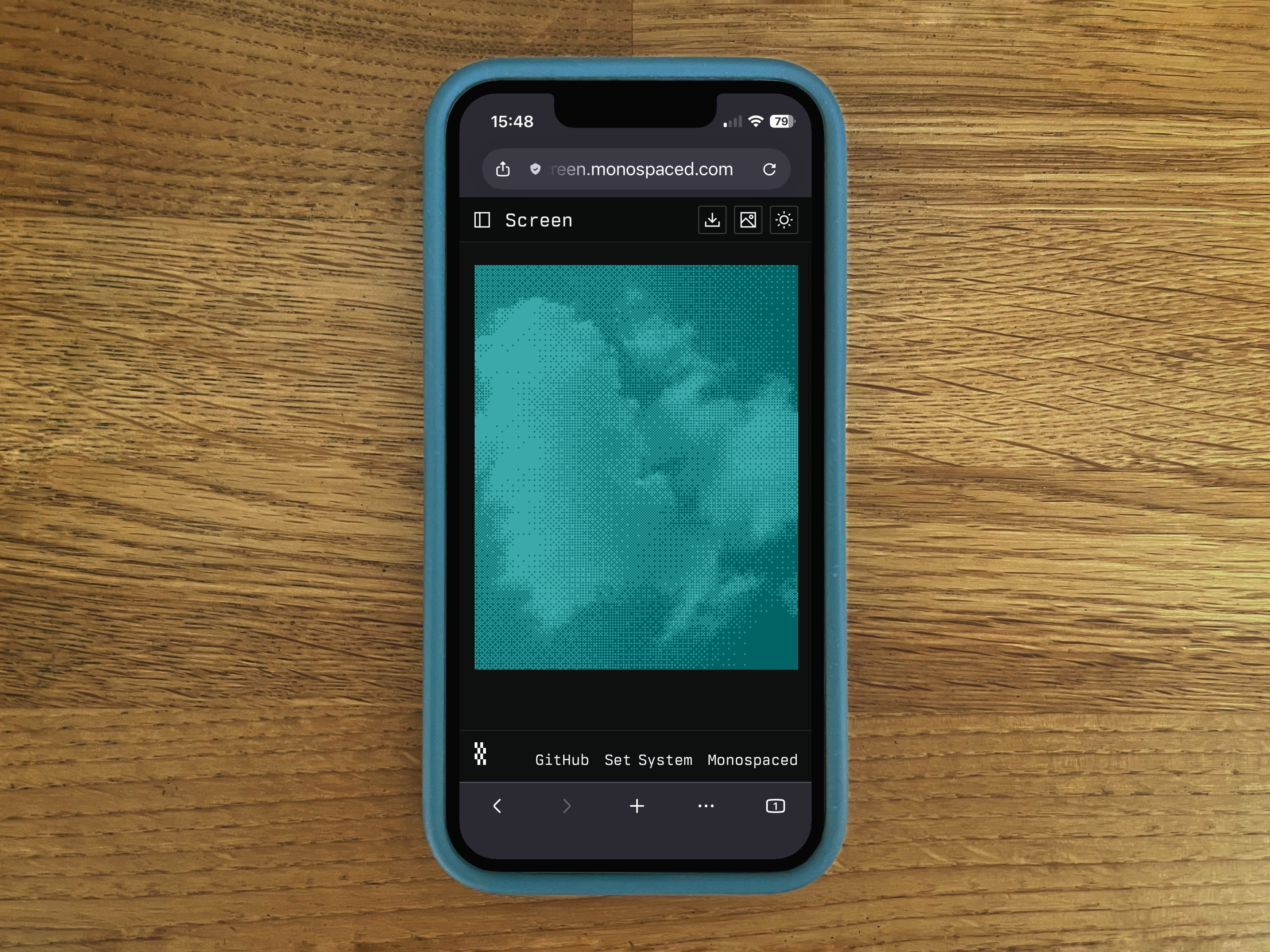 A phone showing the Screen web app with a cyan halftone photograph of cumulonimbus cloud in its loading state.