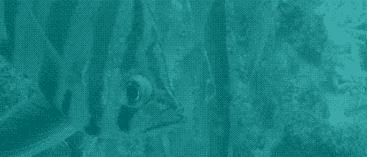 Cyan halftone photograph of a tropical fish in an aquarium