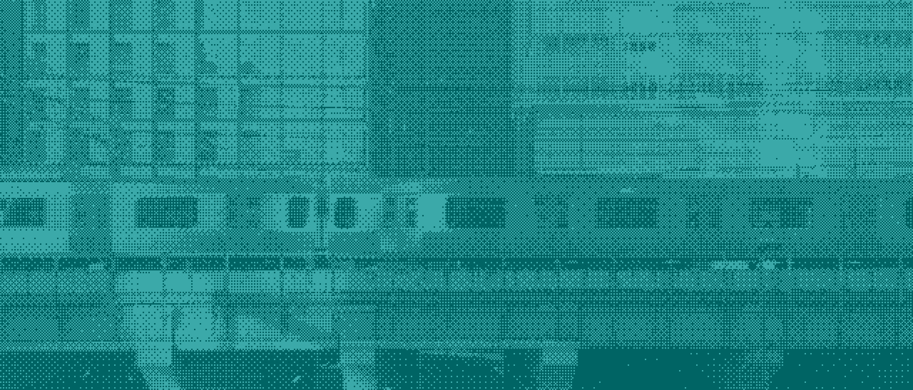Cyan halftone photograph of a train passing in front of building facades