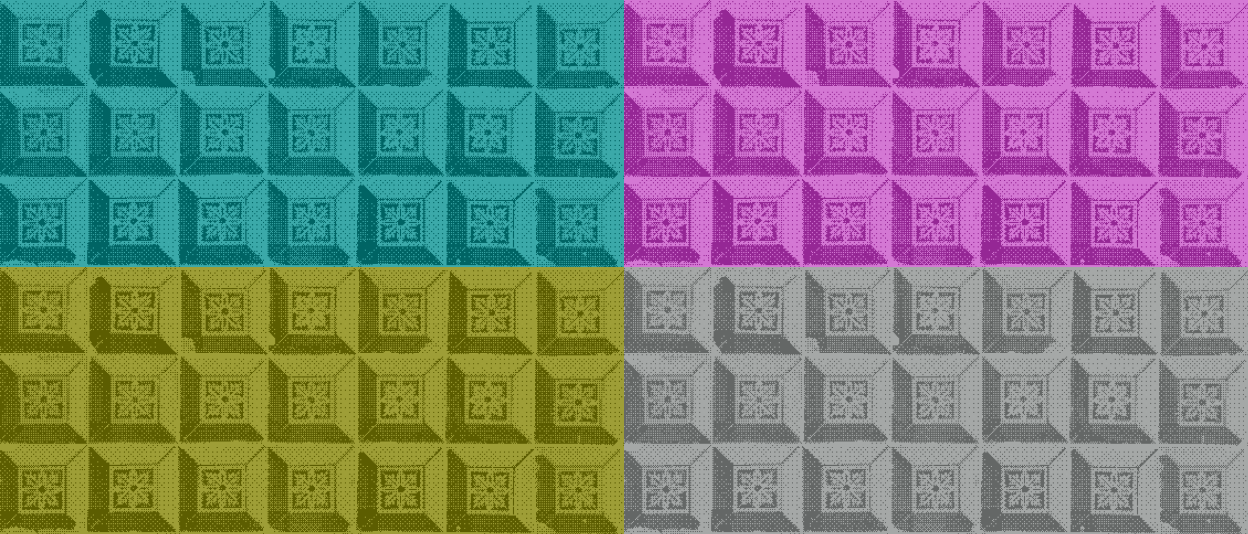 Halftone photograph of Portuguese tiles in four alternative hues — cyan, magenta, yellow, and neutral quadrants.