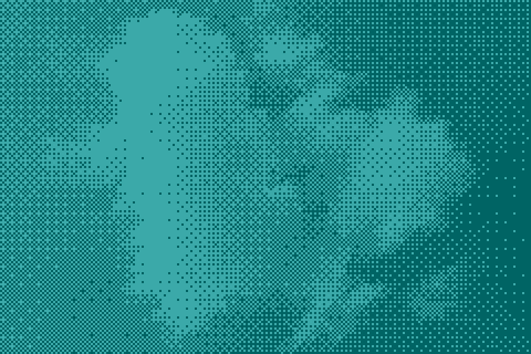 Cyan halftone photograph of cumulonimbus cloud with a looping scan animation effect