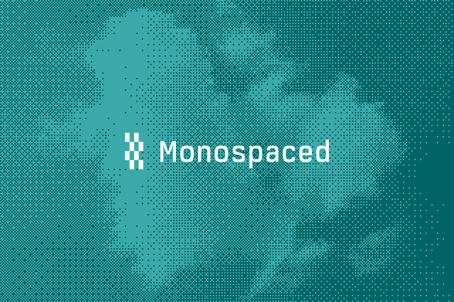 Monospaced logo in white on a cyan halftone photograph of cumulonimbus clouds