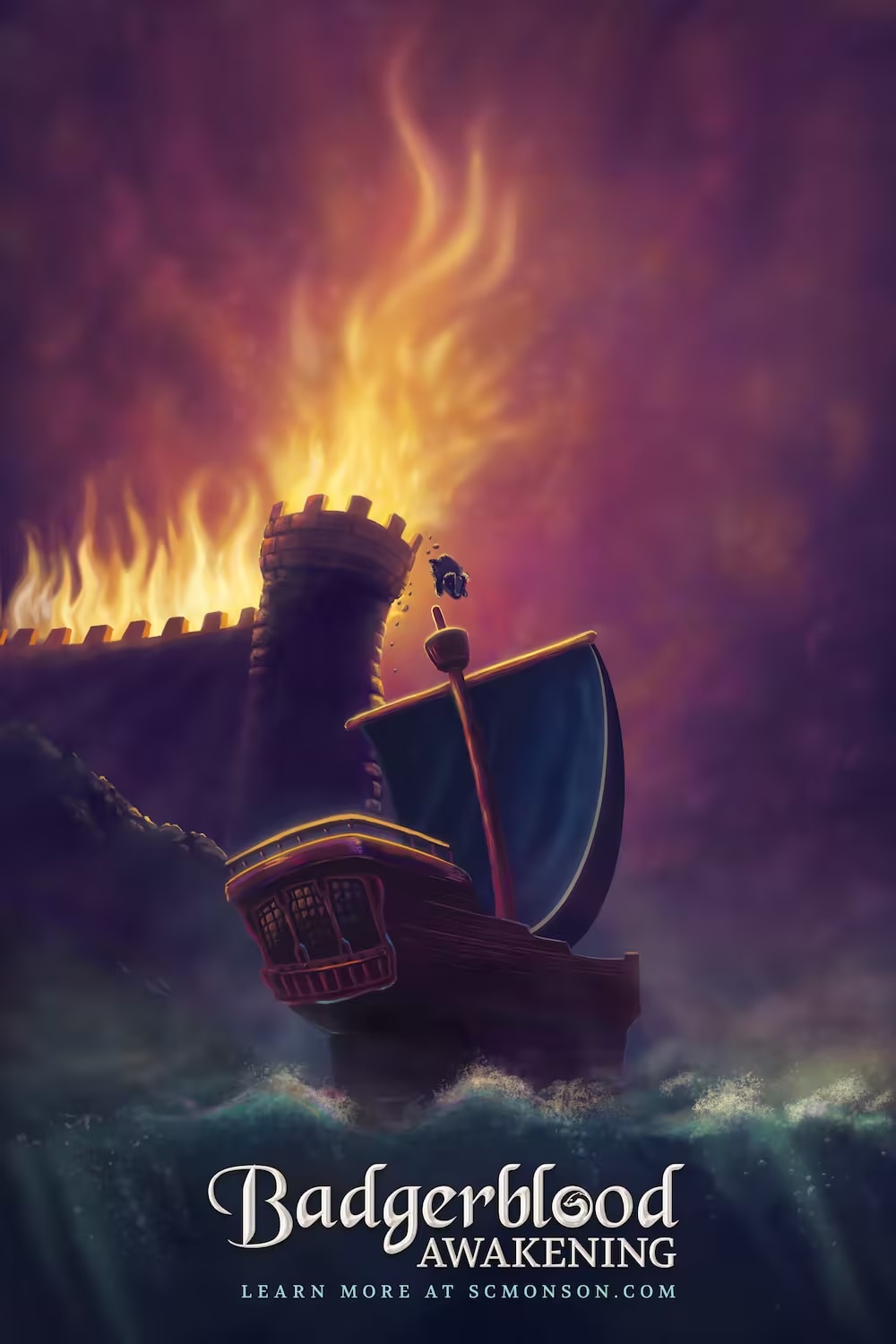 poster for Badgerblood Awakening with a badger jumping from a burning tower into a ship in the ocean.