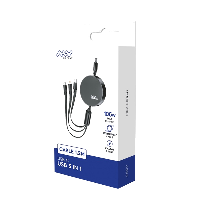 CABLE RETRACTABLE MY WAY USB C 3 EN 1 100 W - Couleur Standard