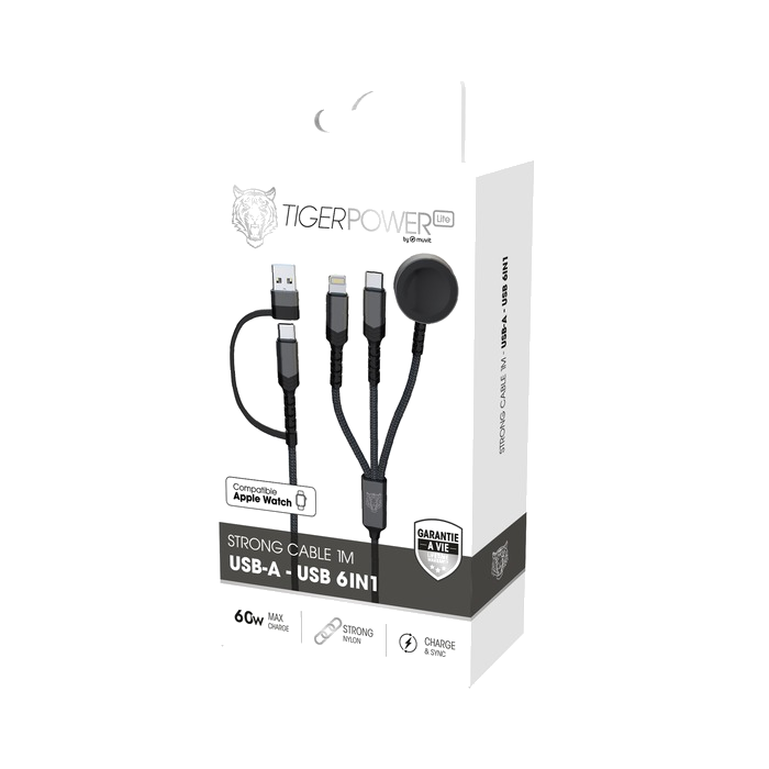 CABLE TIGER POWER LITE 6 EN 1 AVEC APPLE WATCH - Couleur Standard