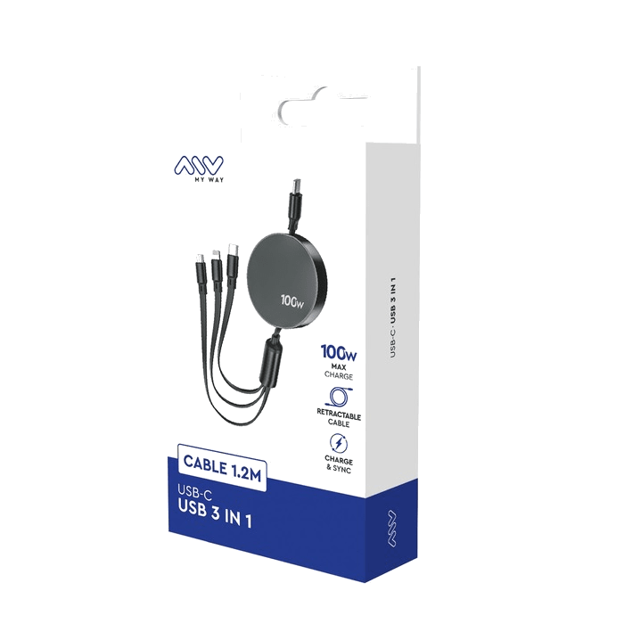 CABLE RETRACTABLE MY WAY USB C 3 EN 1 100 W - Couleur Standard