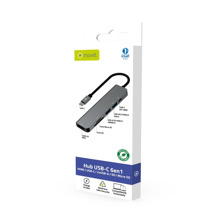 HUB USB C 6 EN 1 MUVIT HDMI - Couleur Gris