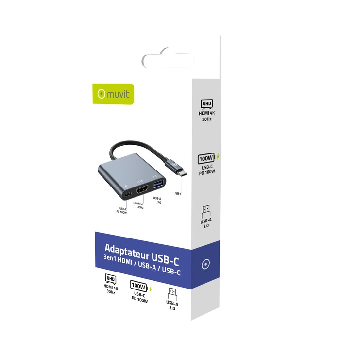 HUB USB C 3 EN 1 MUVIT HDMI - Couleur Gris
