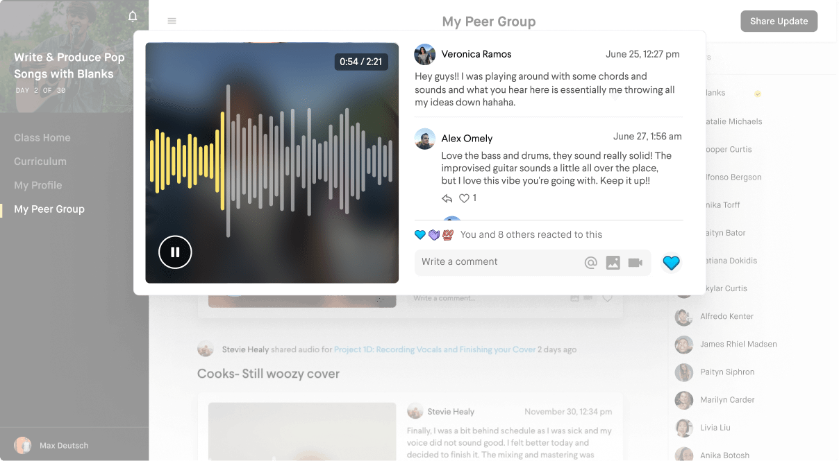 Share work, give feedback and connect with 25 other producers taking the class alongside you