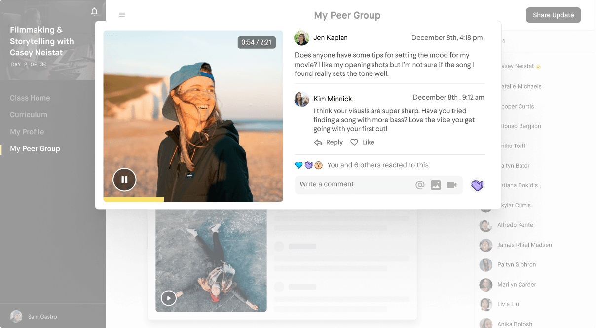 Share work, give feedback and connect with 25 others taking the class alongside you