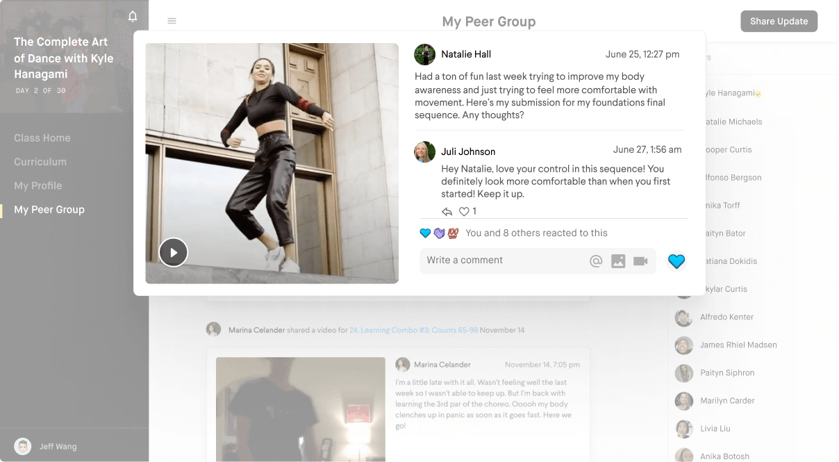 Share work, give feedback and connect with 25 other dancers taking the class alongside you