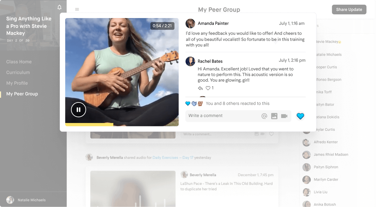 Share work, give feedback and connect with 25 other singers taking the class alongside you