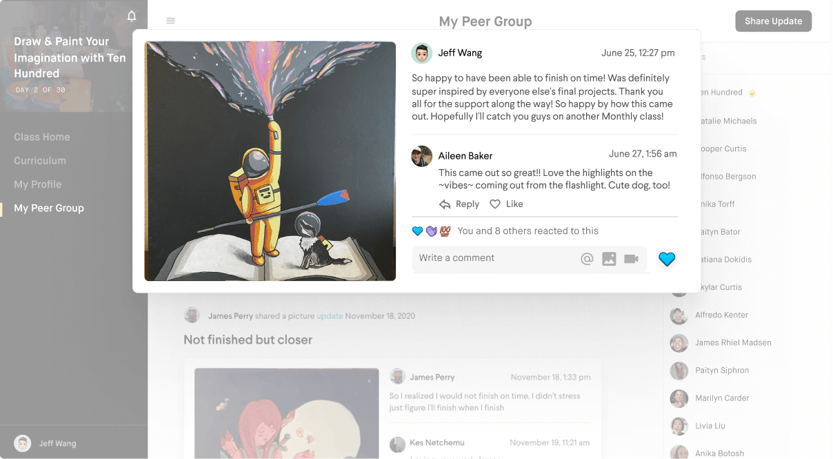 Share work, give feedback and connect with 25 other painters taking the class alongside you