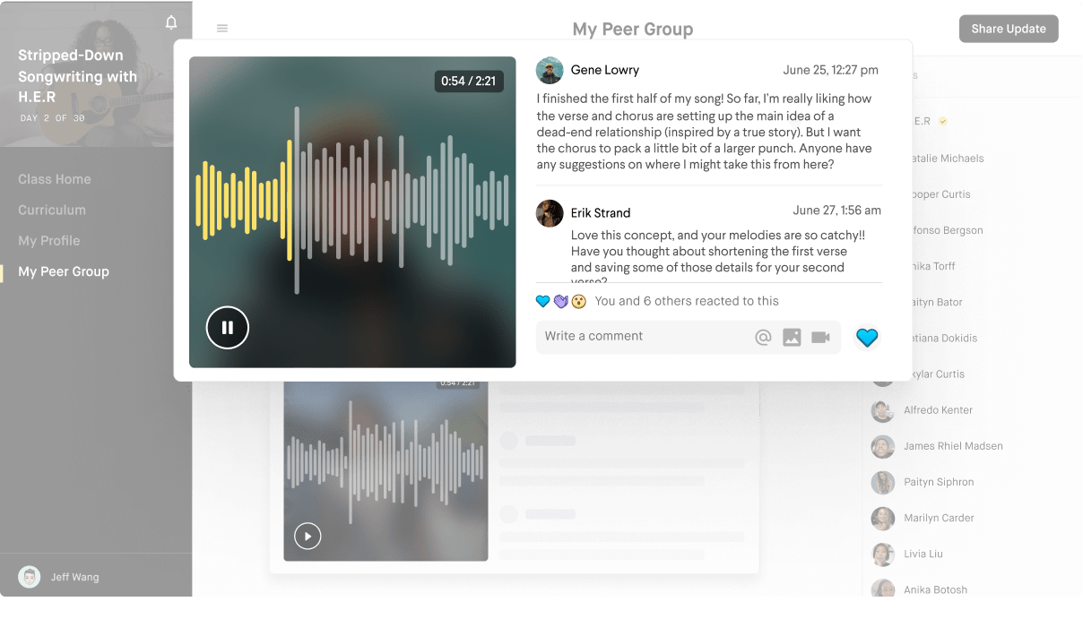 Share work, give feedback, and connect with about 20 others taking the class alongside you