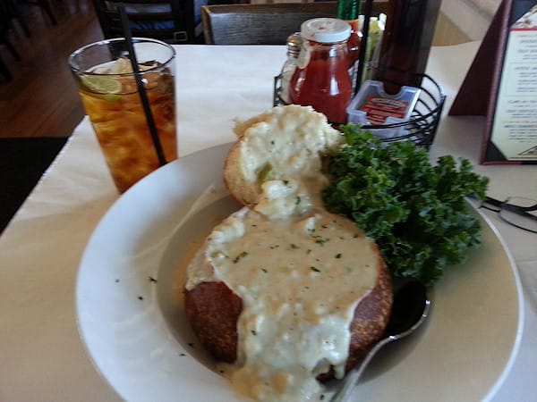 Clam chowder, in a sourdough bread bowl