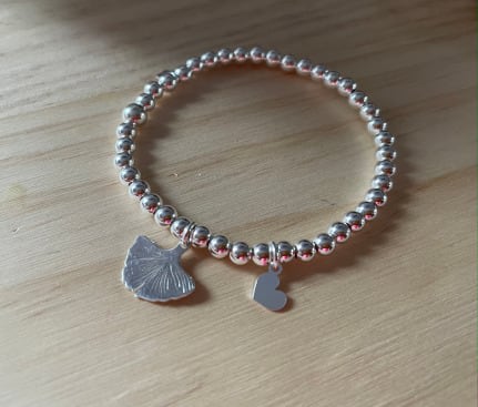 Bracelet de perles 4mm - Feuille de Gingko & coeur - Argent massif 925 - Les fées chouettes