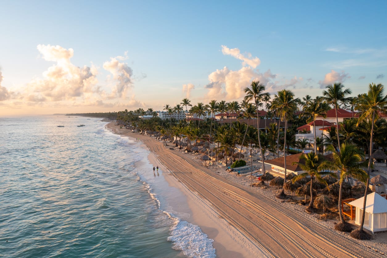 Aerial View of Palm Trees and the Resorts by the Ocean in Punta Cana Dominican Republic