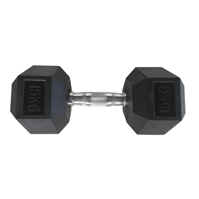 HS Fitness 15kg Rubber Hex Dumbbell, product, variation 1