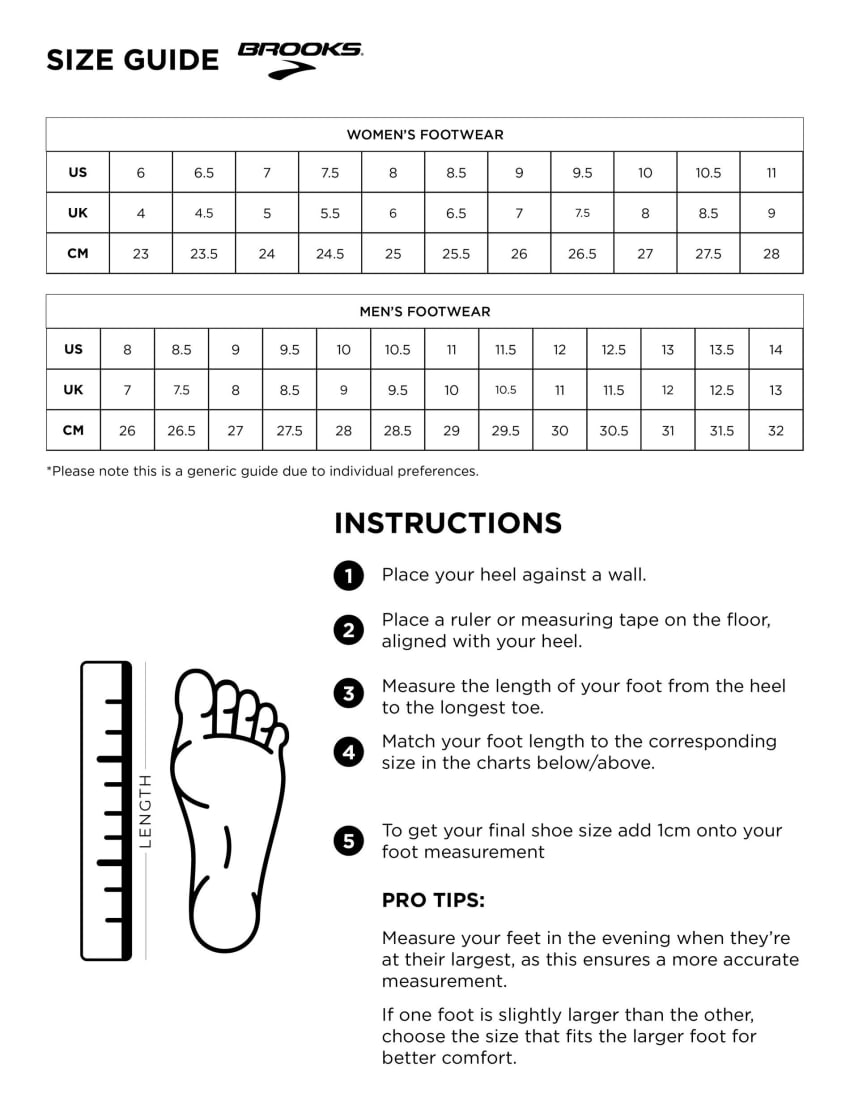 Brooks shoe size chart top