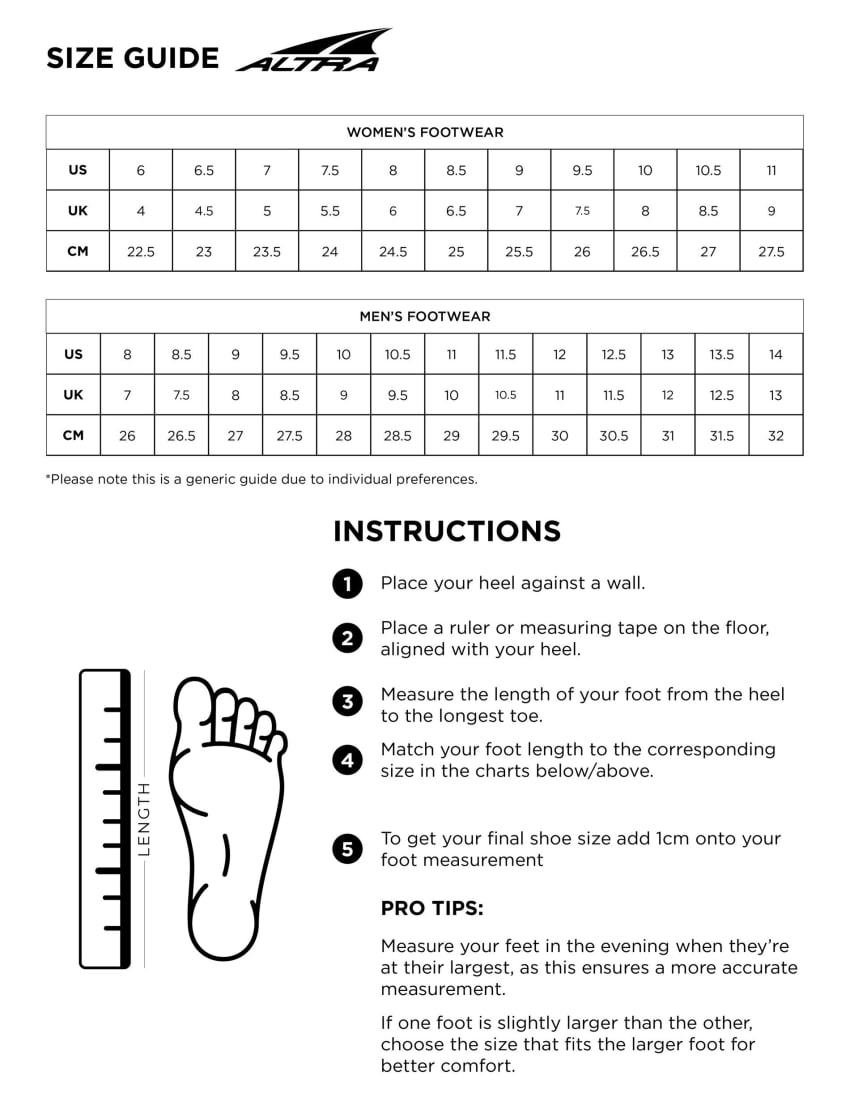 Altra size guide top