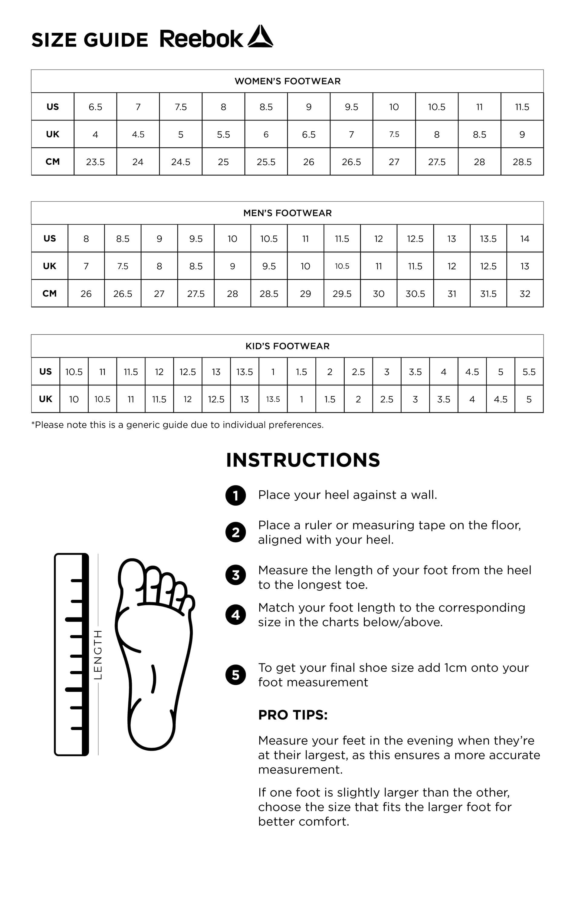 Reebok women's size guide shop