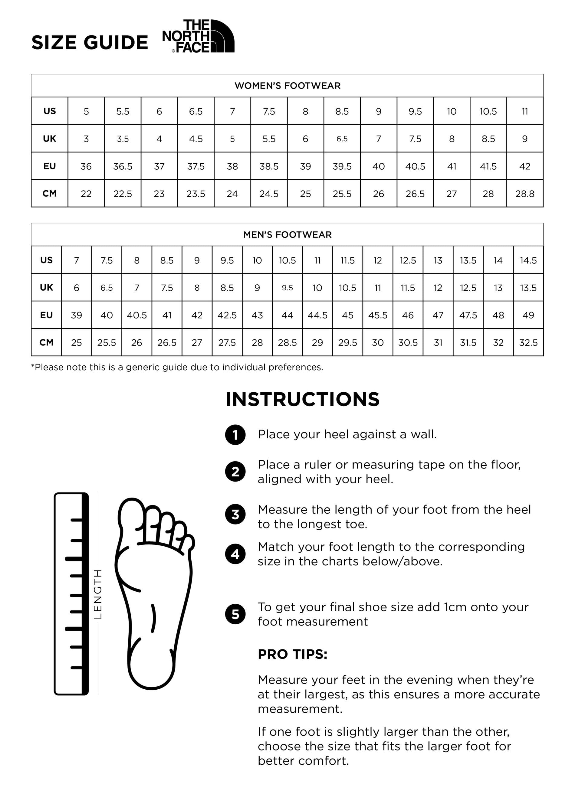 The north face shoes size chart hot sale