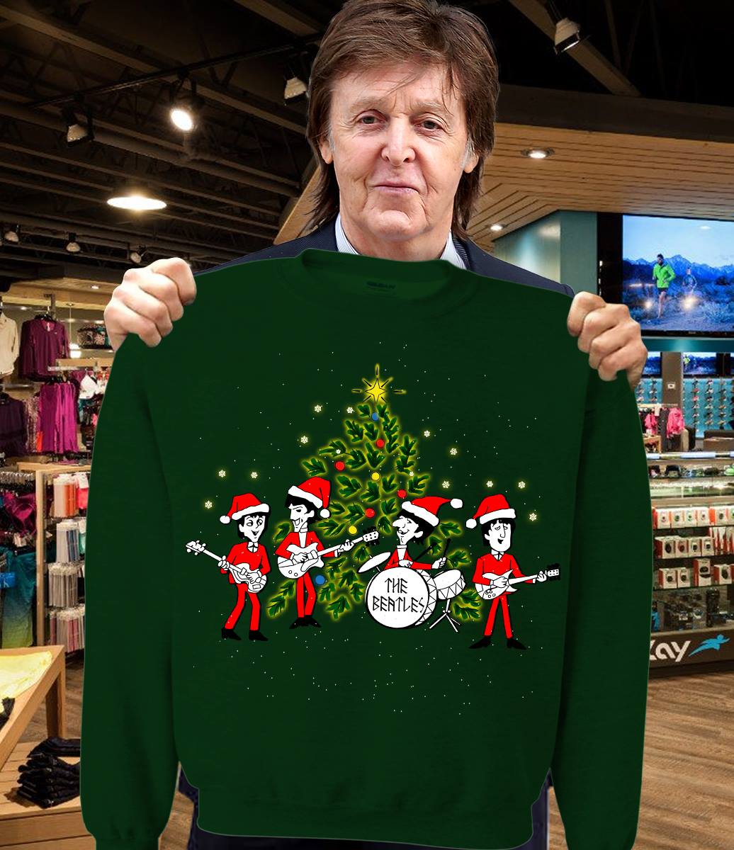 The Beatles chibi and Christmas tree ugly sweater from moteefee