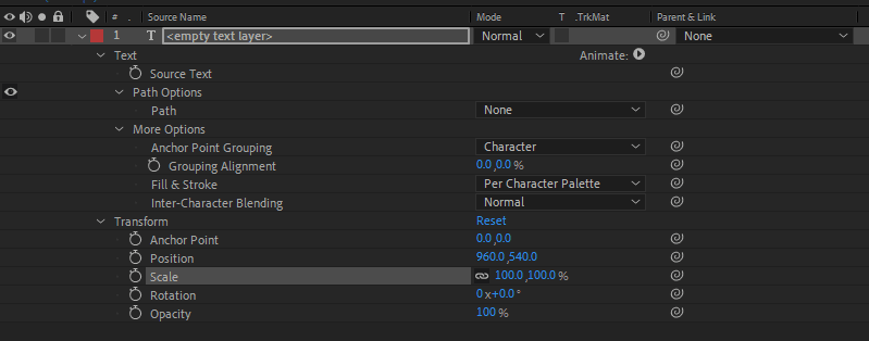 All the attributes of a text layer in the timeline 