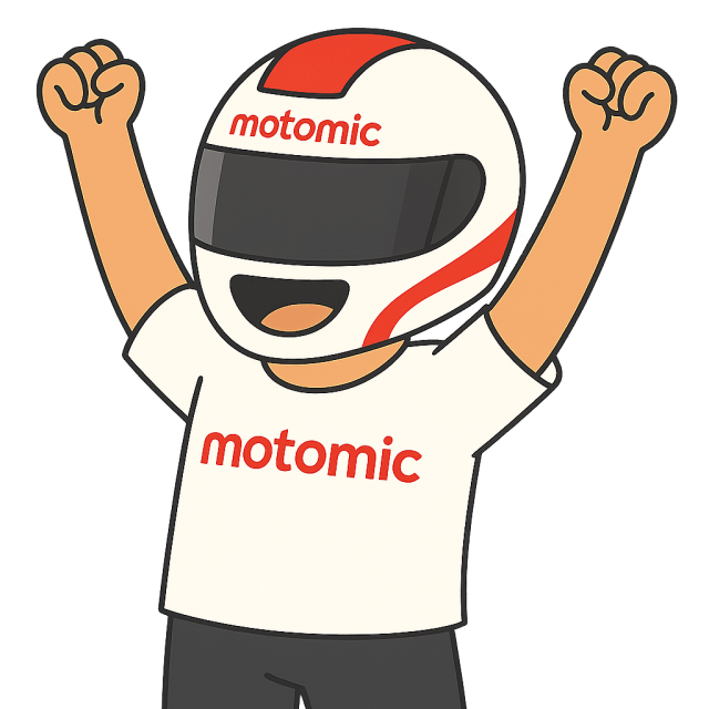 Motomic character with racing helmet holding phone