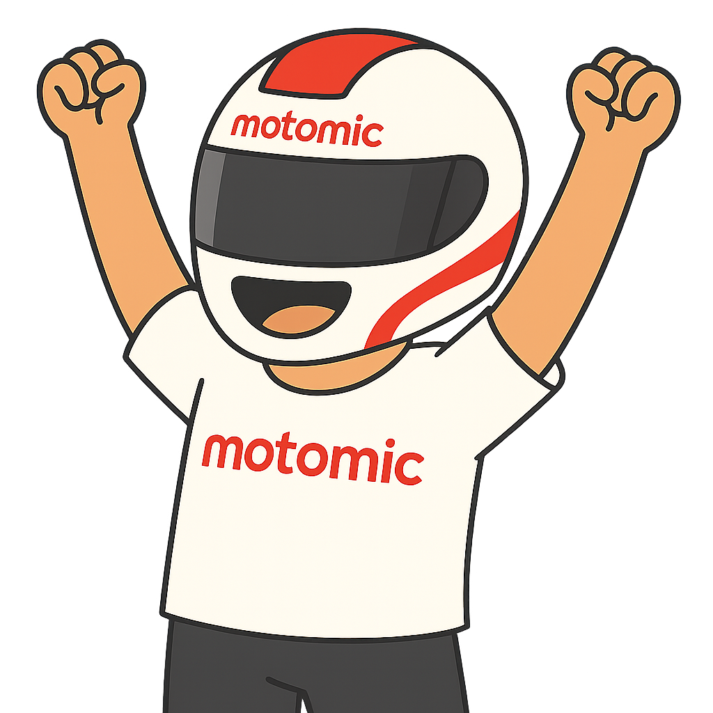 Motomic character with racing helmet holding phone