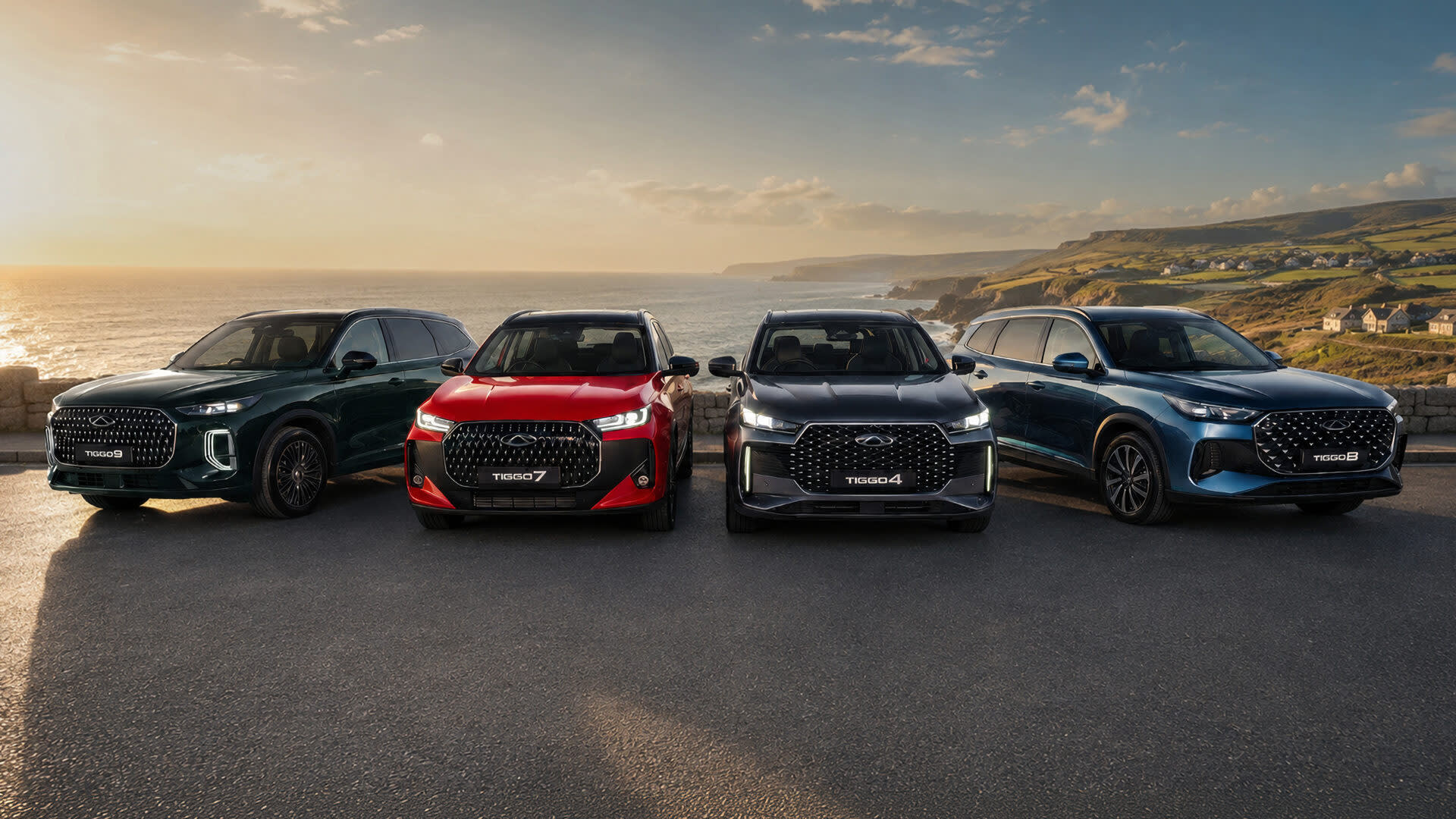 The Chery TIGGO range parked on a coastal road at sunset